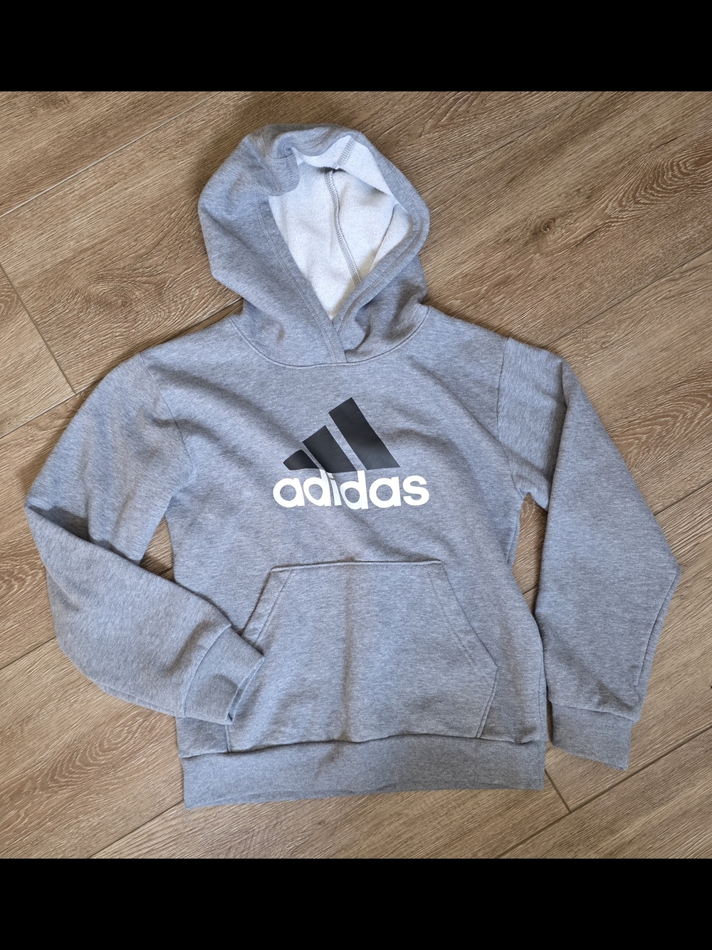 adidas Gray Hooded Pullover with Black Logo - Youth Medium